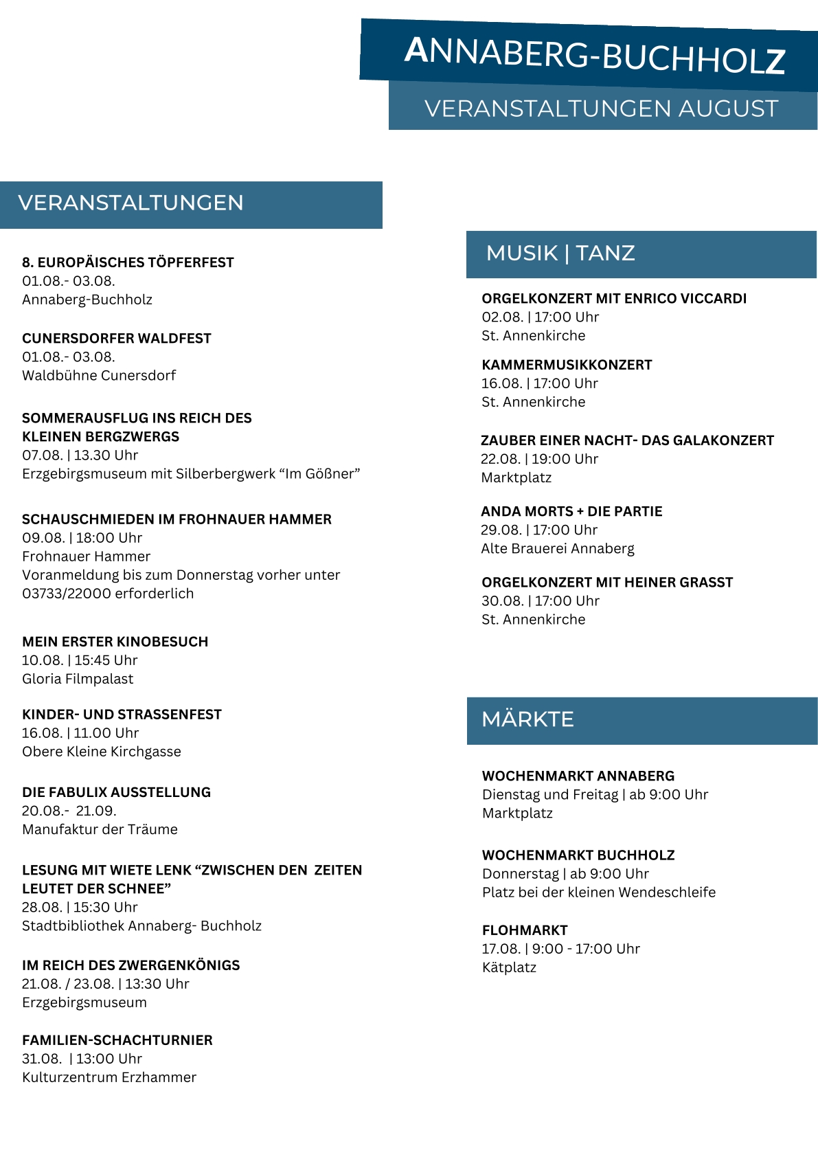 Veranstaltungen in Annaberg-Buchholz im August 2025.